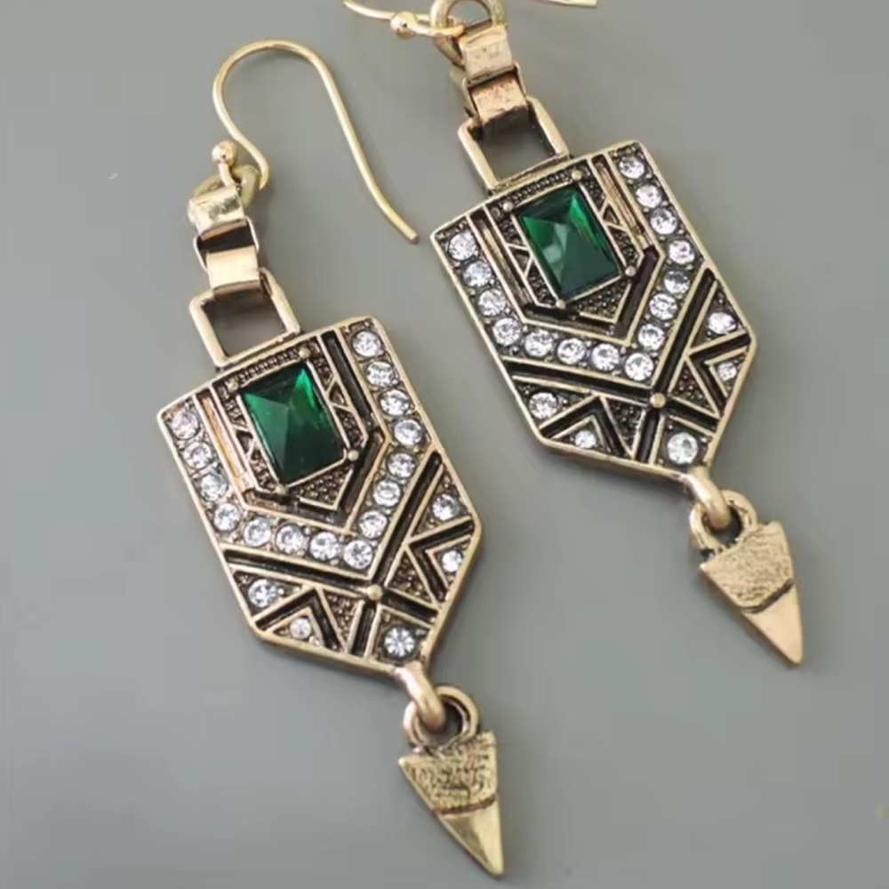 Art Deco Geometric Drop Earrings – Gold Vintage Statement Jewelry - Picture 4 of 7